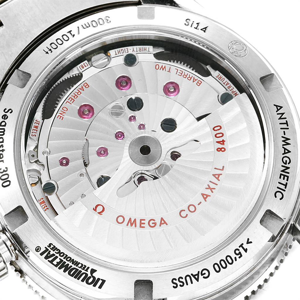 The image shows the backside of the Omega Seamaster 233.90.41.21.03.001 Men
s Titanium Blue Dial 233.90.41.21.03.001 Men
s Titanium Blue Dial 300, highlighting the 8400 Co-Axial movement mechanism.