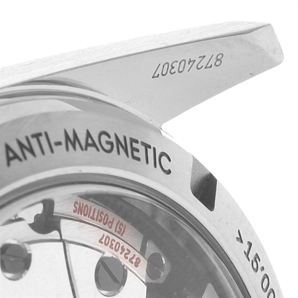 The image shows a close-up of the back of an Omega Seamaster 233.90.41.21.03.001 Men
s Titanium Blue Dial 233.90.41.21.03.001 Men
s Titanium Blue Dial watch, highlighting "ANTI-MAGNETIC" text and part of the watch
s serial number.