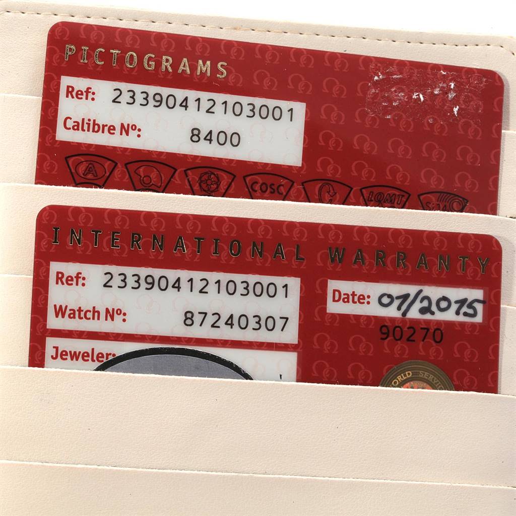 This image shows the Pictograms and International Warranty cards for an Omega Seamaster 233.90.41.21.03.001 Men
s Titanium Blue Dial 233.90.41.21.03.001 Men
s Titanium Blue Dial watch.