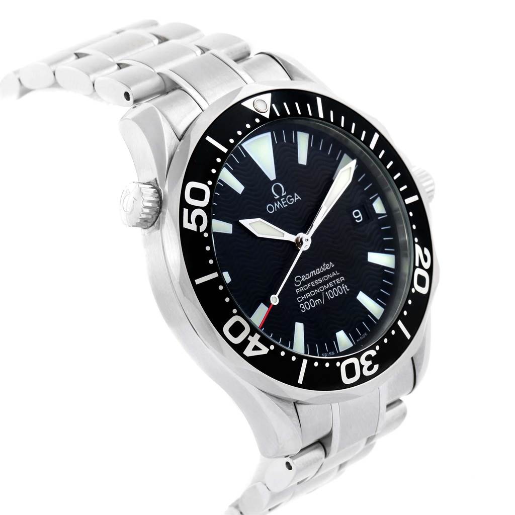The image shows a side-angle view of the Omega Seamaster 2254.50.00 Men
s Stainless Steel Black Dial 2254.50.00 Men
s Stainless Steel Black Dial watch, displaying the face, bezel, crown, and part of the bracelet.