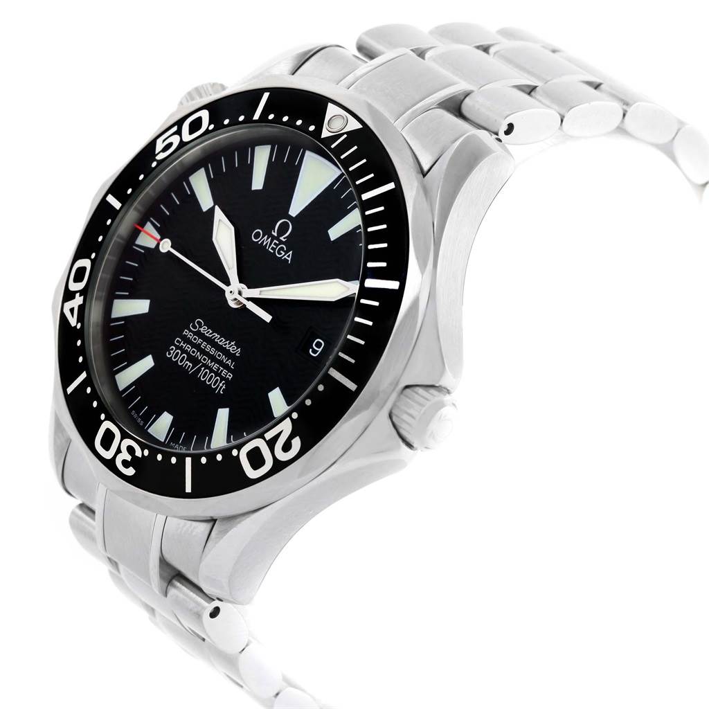 This image shows an angled view of the Omega Seamaster 2254.50.00 Men
s Stainless Steel Black Dial 2254.50.00 Men
s Stainless Steel Black Dial watch, highlighting the face, bezel, and metal bracelet.