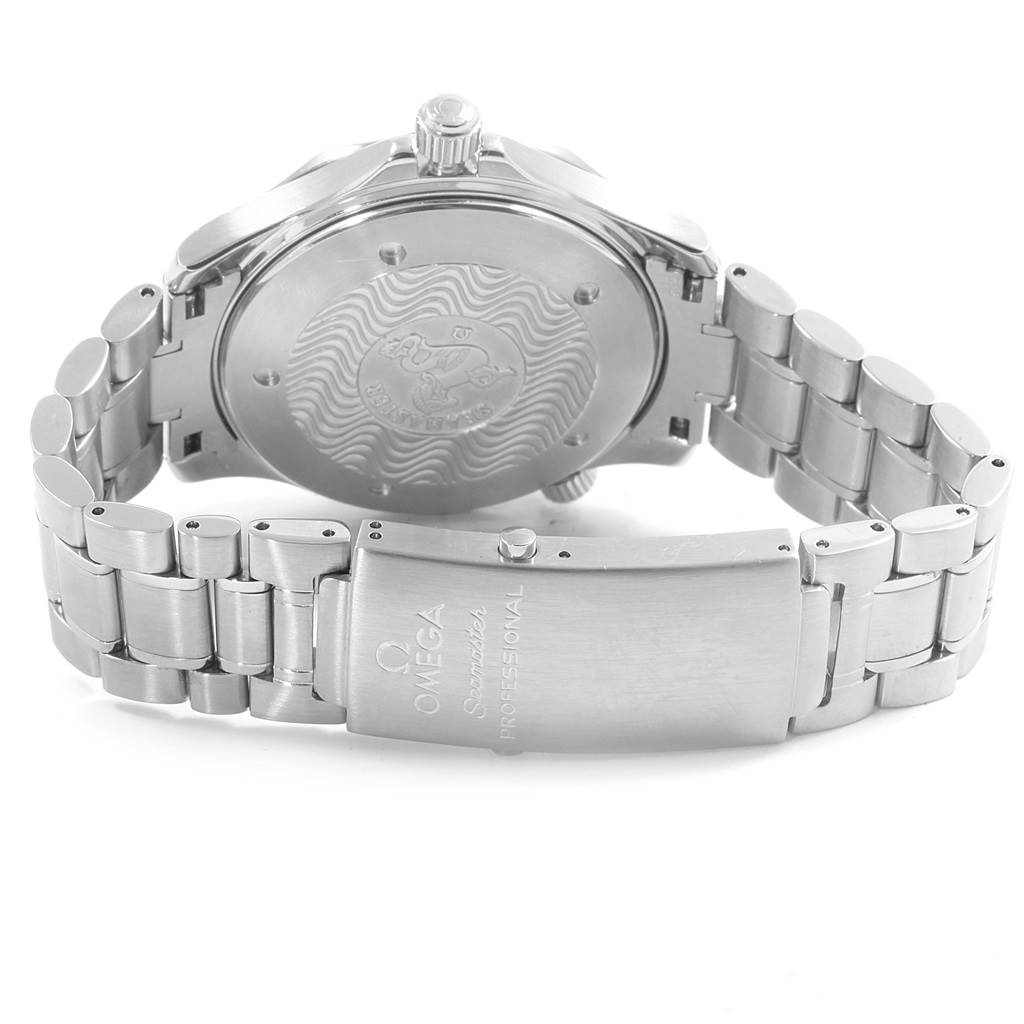 This Omega Seamaster 2254.50.00 Men
s Stainless Steel Black Dial 2254.50.00 Men
s Stainless Steel Black Dial watch is shown from the back, highlighting the clasp, bracelet, and case back.