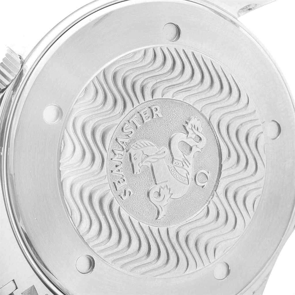 The image shows the case back of an Omega Seamaster 2254.50.00 Men
s Stainless Steel Black Dial 2254.50.00 Men
s Stainless Steel Black Dial watch with its distinctive engraving.