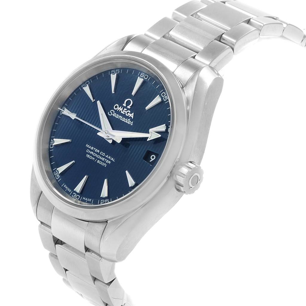 The Omega Seamaster 231.10.39.21.03.002 Men's Stainless Steel Blue Dial 231.10.39.21.03.002 Men's Stainless Steel Blue Dial watch is shown at a three-quarter angle, displaying its face, bezel, crown, and bracelet.