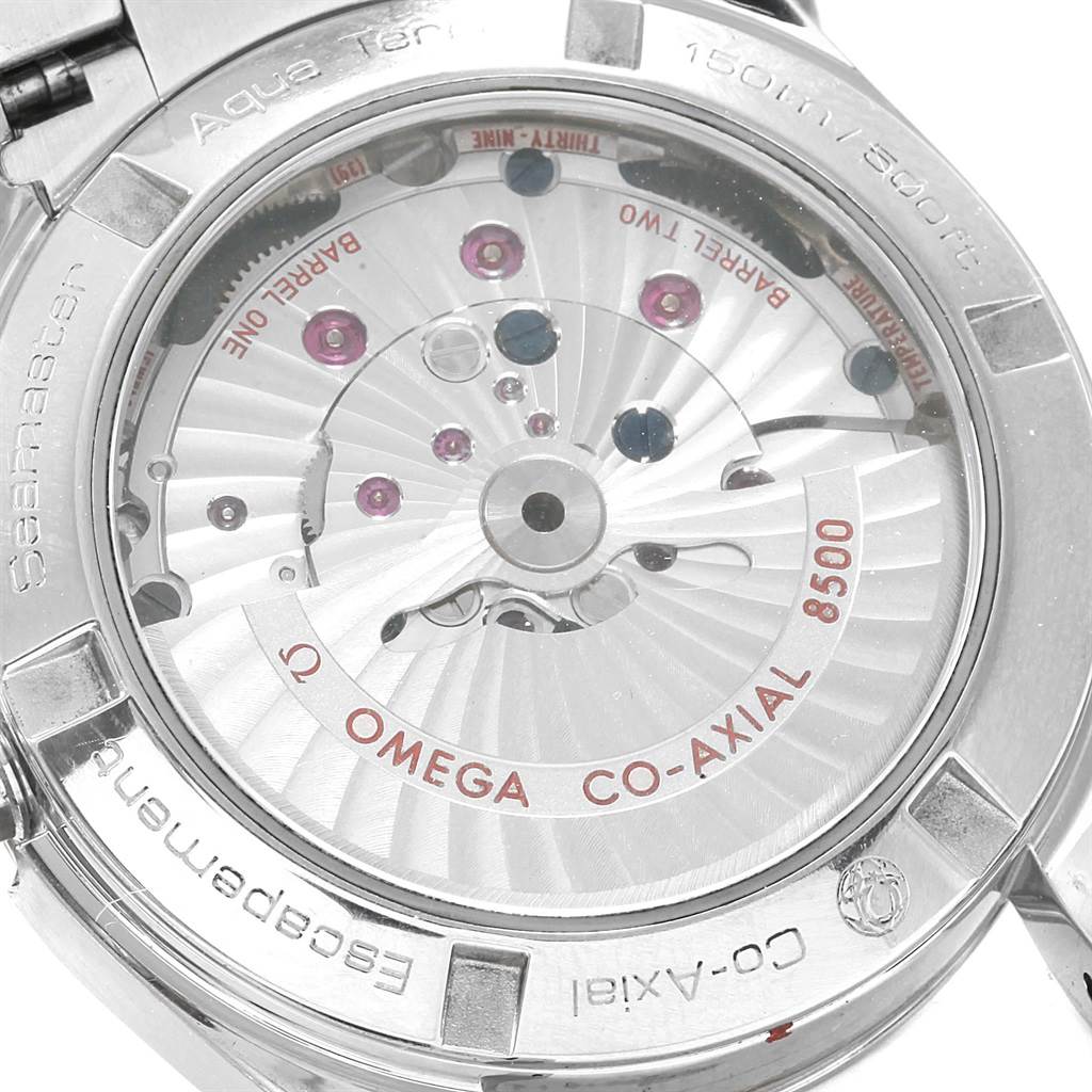 The image shows the back view of the Omega Seamaster 231.10.39.21.03.002 Men's Stainless Steel Blue Dial 231.10.39.21.03.002 Men's Stainless Steel Blue Dial watch, revealing its automatic movement and Co-Axial escapement.