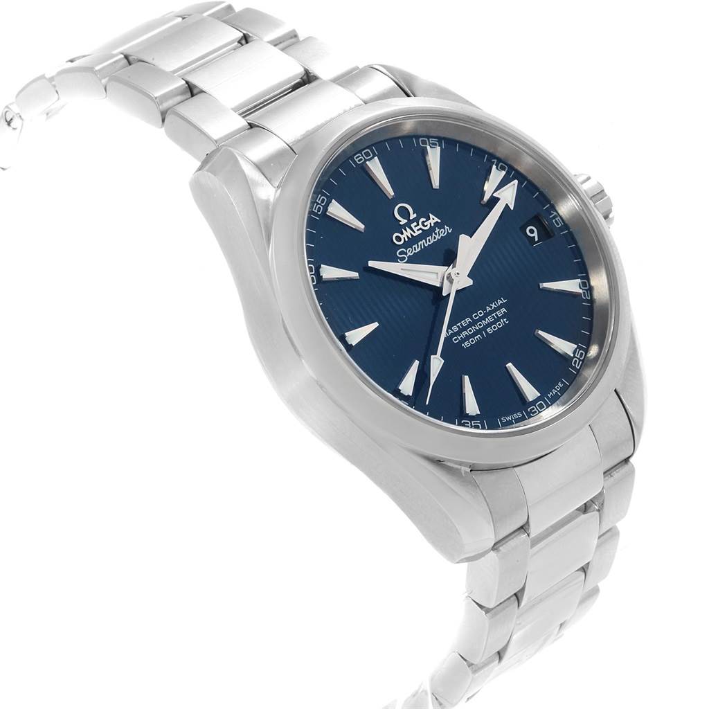 The Omega Seamaster 231.10.39.21.03.002 Men's Stainless Steel Blue Dial 231.10.39.21.03.002 Men's Stainless Steel Blue Dial watch is shown at an angled side view, featuring its stainless steel bracelet and blue dial.