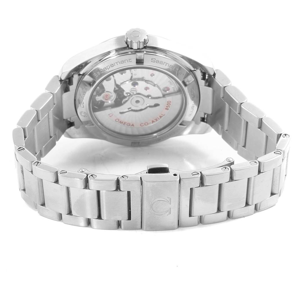 This image shows the back view of an Omega Seamaster 231.10.39.21.03.002 Men's Stainless Steel Blue Dial 231.10.39.21.03.002 Men's Stainless Steel Blue Dial watch, highlighting its open case back and stainless steel bracelet.