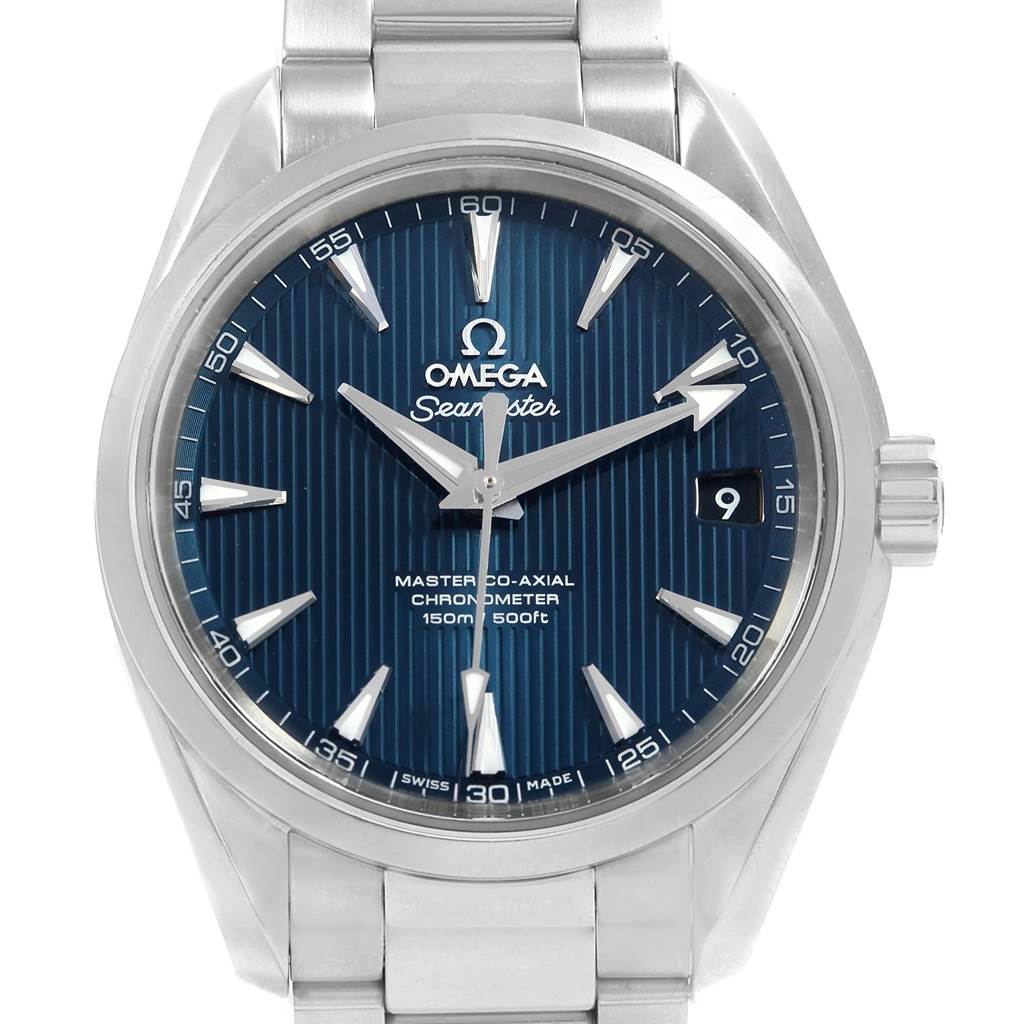 This image shows the front view of an Omega Seamaster 231.10.39.21.03.002 Men's Stainless Steel Blue Dial 231.10.39.21.03.002 Men's Stainless Steel Blue Dial watch, highlighting its dial, bezel, and part of the bracelet.