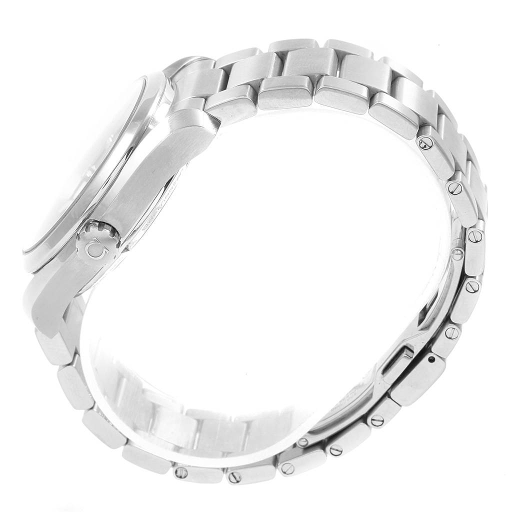 The image shows a side view of the Omega Seamaster 231.10.39.21.03.002 Men's Stainless Steel Blue Dial 231.10.39.21.03.002 Men's Stainless Steel Blue Dial watch, highlighting its crown and stainless steel bracelet.