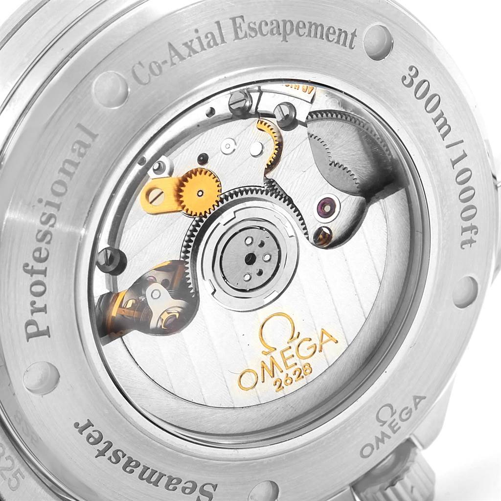 The image shows the back view of the Omega Seamaster 2535.80.00 Men's Stainless Steel Blue Dial 2535.80.00 Men's Stainless Steel Blue Dial watch, revealing its mechanical movement and internal components.