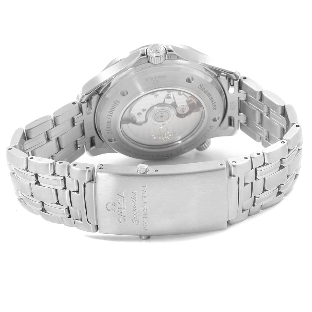 The image shows the back view of an Omega Seamaster 2535.80.00 Men's Stainless Steel Blue Dial 2535.80.00 Men's Stainless Steel Blue Dial watch, focusing on its case back, bracelet, and clasp.