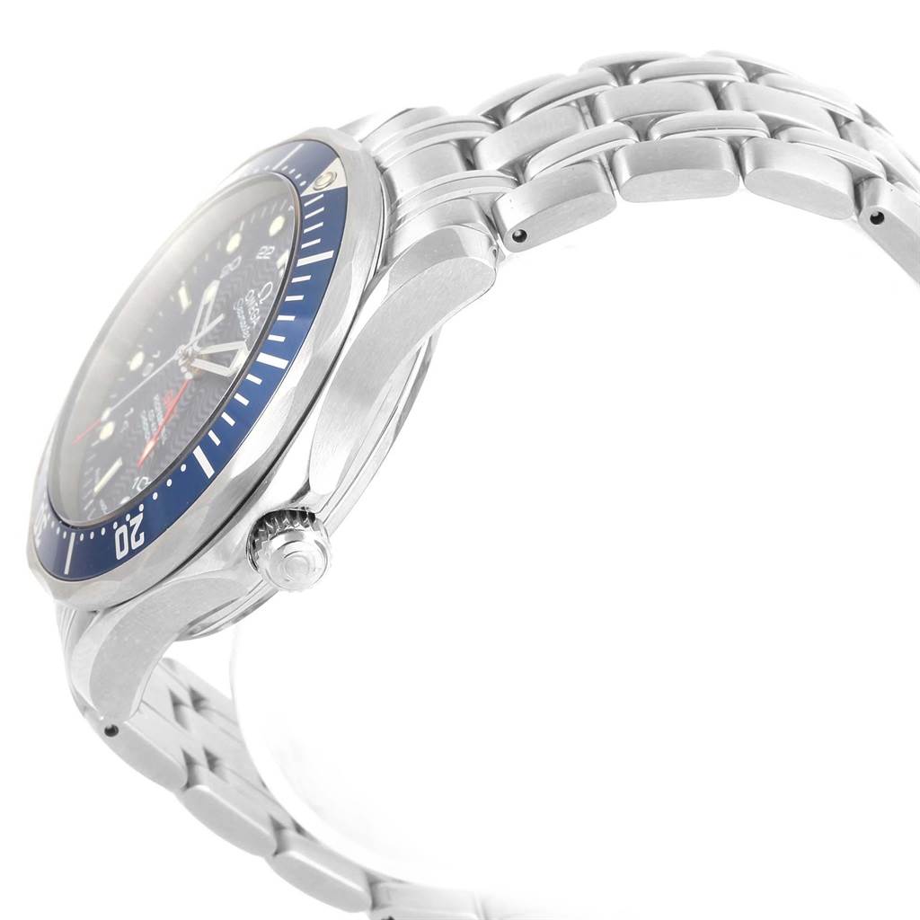 The Omega Seamaster 2535.80.00 Men's Stainless Steel Blue Dial 2535.80.00 Men's Stainless Steel Blue Dial watch is shown from a side angle, highlighting the case, crown, bezel, and stainless steel bracelet.