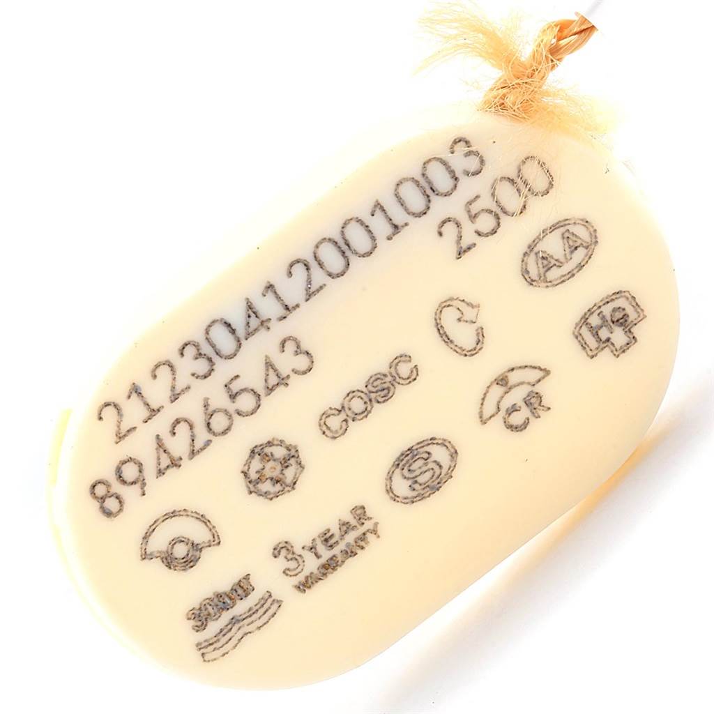 This image shows the hang tag of the Omega Seamaster 212.30.41.20.01.003 Men
s Stainless Steel Black Dial 212.30.41.20.01.003 Men
s Stainless Steel Black Dial watch, featuring model identifiers and certification symbols.