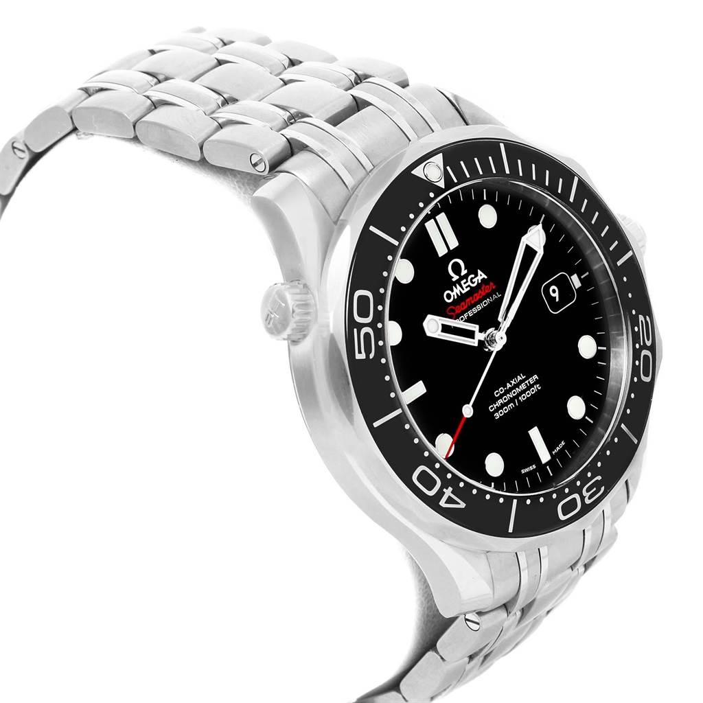 The Omega Seamaster 212.30.41.20.01.003 Men
s Stainless Steel Black Dial 212.30.41.20.01.003 Men
s Stainless Steel Black Dial watch is shown at a three-quarter angle, highlighting the dial, bezel, crown, and part of the metal bracelet.