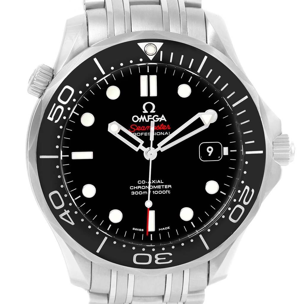 The Omega Seamaster 212.30.41.20.01.003 Men
s Stainless Steel Black Dial 212.30.41.20.01.003 Men
s Stainless Steel Black Dial watch is shown from a front angle, highlighting the black dial, hands, bezel, and part of the metal bracelet.