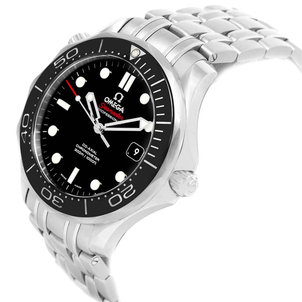 This image shows an angled view of the face, bezel, and metal strap of an Omega Seamaster 212.30.41.20.01.003 Men
s Stainless Steel Black Dial 212.30.41.20.01.003 Men
s Stainless Steel Black Dial watch.