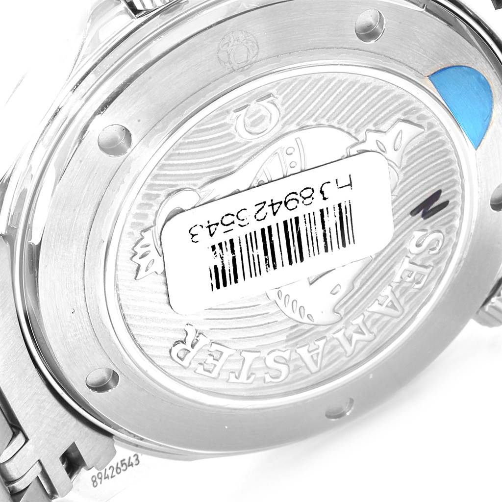 The image shows the back case of the Omega Seamaster 212.30.41.20.01.003 Men
s Stainless Steel Black Dial 212.30.41.20.01.003 Men
s Stainless Steel Black Dial watch, highlighting the engraved design and a barcode sticker.