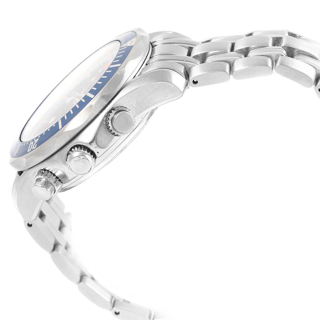 The image shows a side view of the Omega Seamaster 2599.80.00 Stainless Steel Blue Dial 2599.80.00 Stainless Steel Blue Dial watch showcasing its crown, pushers, and metal bracelet.