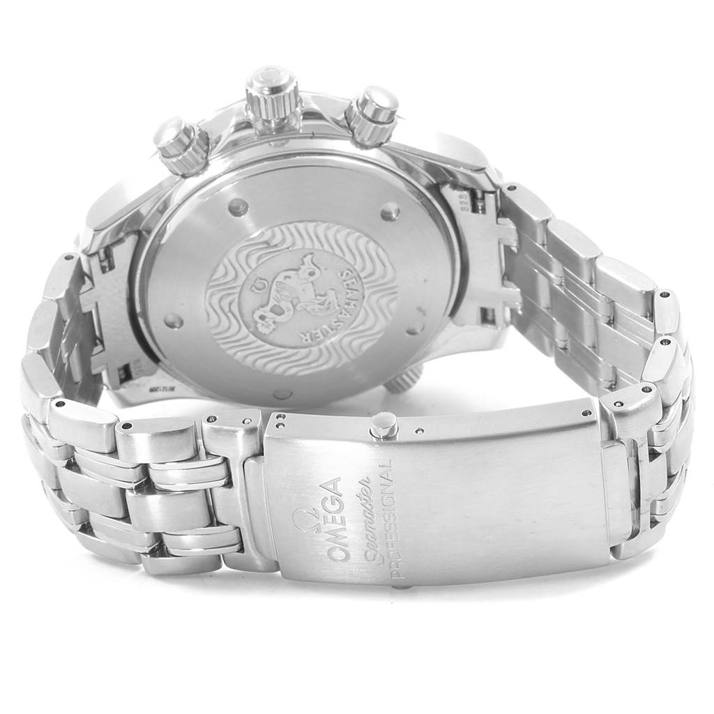 The image shows the back case and bracelet, including the clasp, of an Omega Seamaster 2599.80.00 Stainless Steel Blue Dial 2599.80.00 Stainless Steel Blue Dial watch from a rear angle.