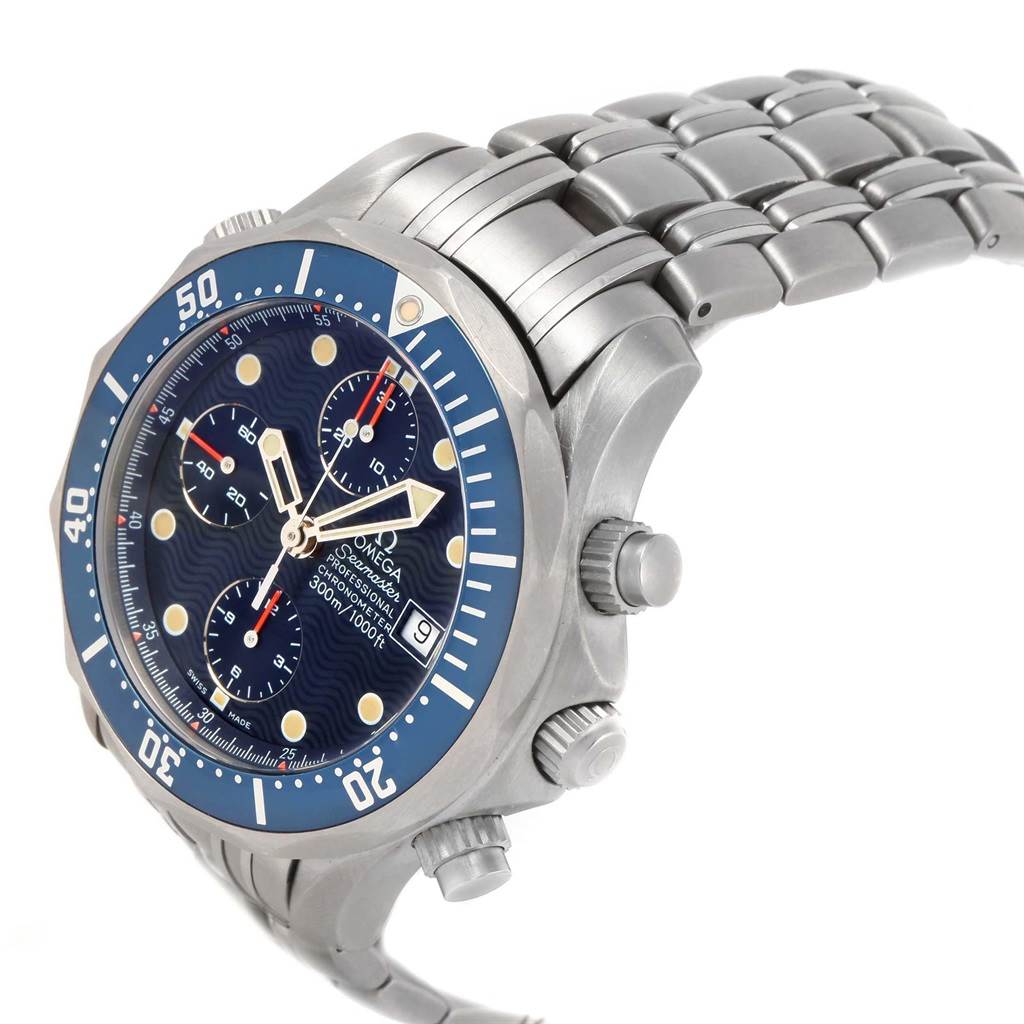 This image shows an angled side view of the Omega Seamaster 2298.80.00 Men
s Titanium Blue Dial 2298.80.00 Men
s Titanium Blue Dial watch, highlighting the dial, bezel, and bracelet.
