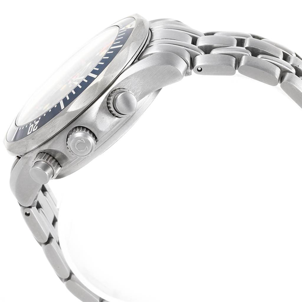 The image shows a side view of an Omega Seamaster 2298.80.00 Men
s Titanium Blue Dial 2298.80.00 Men
s Titanium Blue Dial watch focusing on the crown, buttons, bezel, and part of the bracelet.