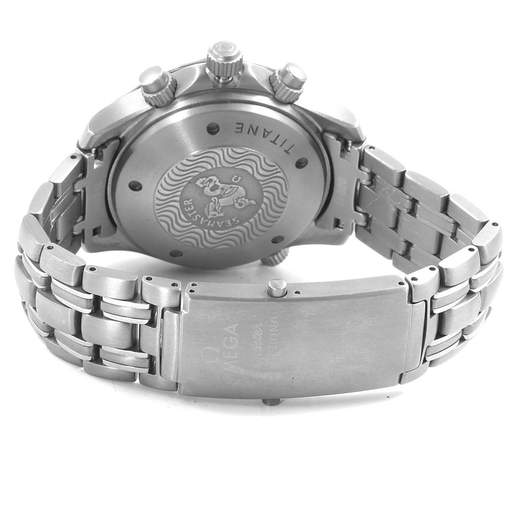 The image shows the back and bracelet of an Omega Seamaster 2298.80.00 Men
s Titanium Blue Dial 2298.80.00 Men
s Titanium Blue Dial watch, highlighting the case back design and clasp.