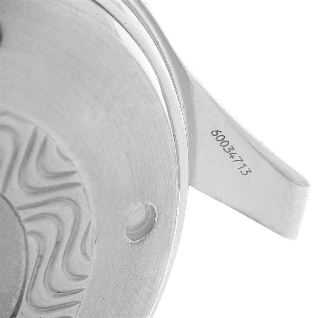 This image shows a close-up of the Omega Seamaster 2599.80.00 Men
s Stainless Steel Blue Dial 2599.80.00 Men
s Stainless Steel Blue Dial watch case with part of the strap attachment and a serial number visible.