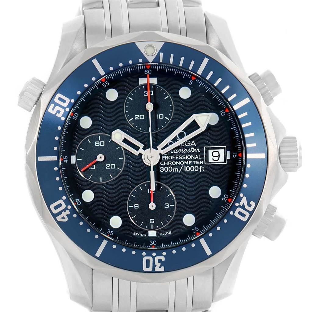 This Omega Seamaster 2599.80.00 Men
s Stainless Steel Blue Dial 2599.80.00 Men
s Stainless Steel Blue Dial watch is shown from the front, displaying the dial, bezel, and stainless steel bracelet.