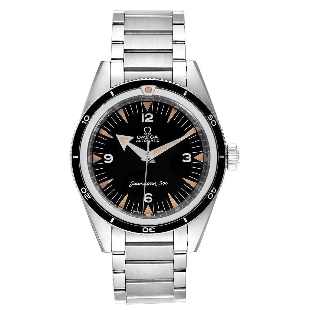 The image shows a front view of the Omega Seamaster 234.10.39.20.01.001 Men's Stainless Steel Black Dial 234.10.39.20.01.001 Men's Stainless Steel Black Dial 300 watch, displaying its dial, bezel, case, and metal bracelet.