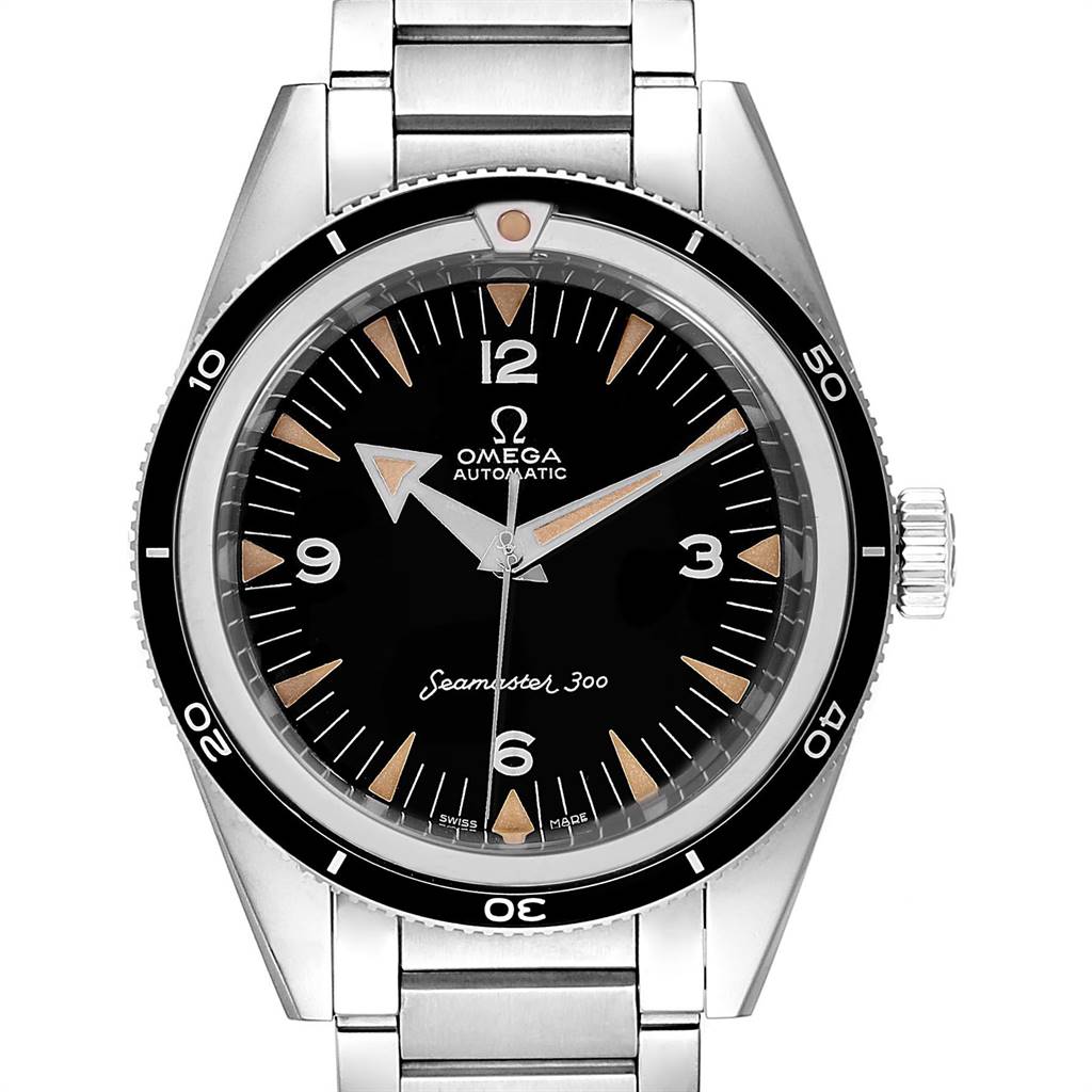The image shows a front view of an Omega Seamaster 234.10.39.20.01.001 Men's Stainless Steel Black Dial 234.10.39.20.01.001 Men's Stainless Steel Black Dial 300 watch, including the dial, bezel, and part of the steel bracelet.