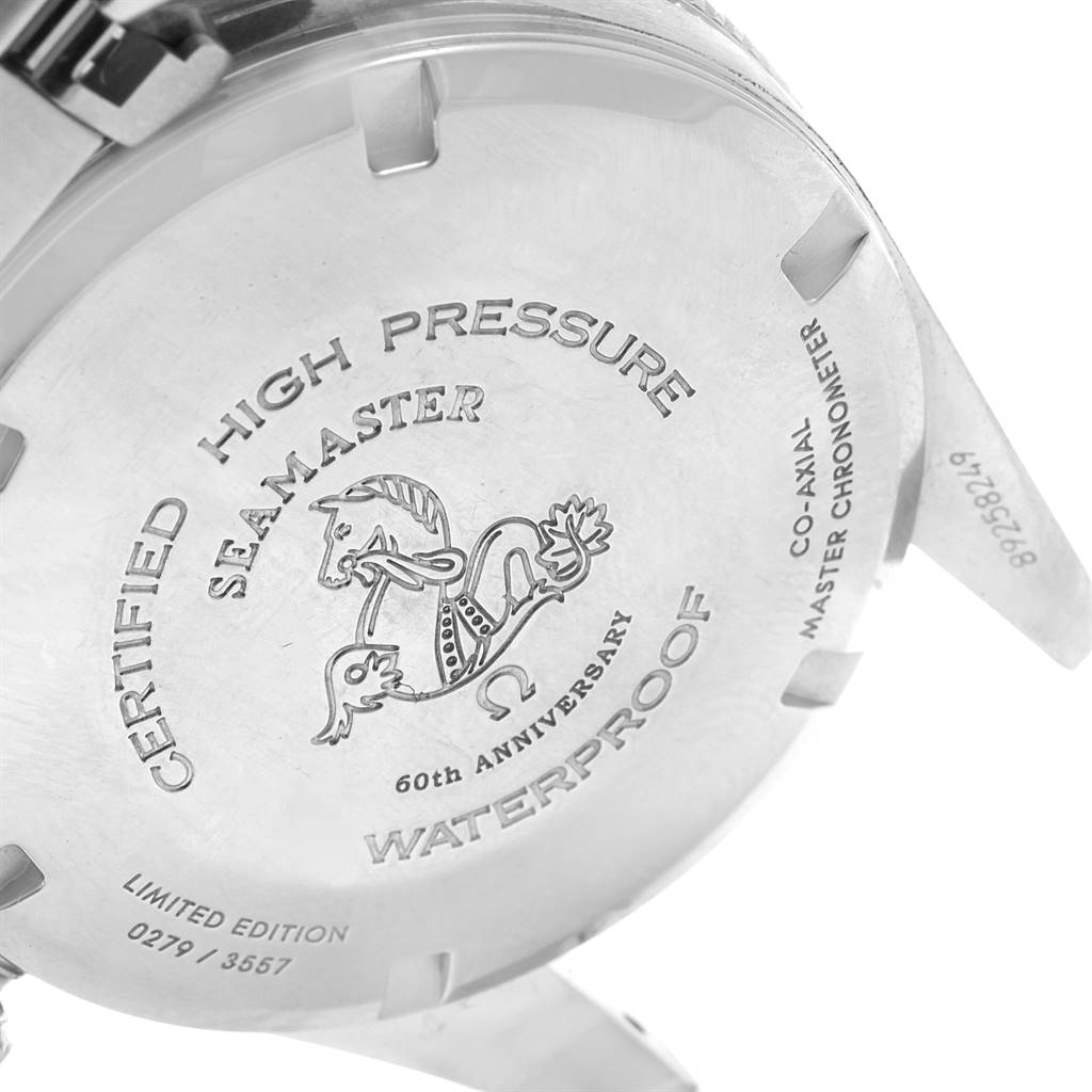 The image shows the back case of the Omega Seamaster 234.10.39.20.01.001 Men's Stainless Steel Black Dial 234.10.39.20.01.001 Men's Stainless Steel Black Dial watch, showcasing engraving details and the metal strap attachment.