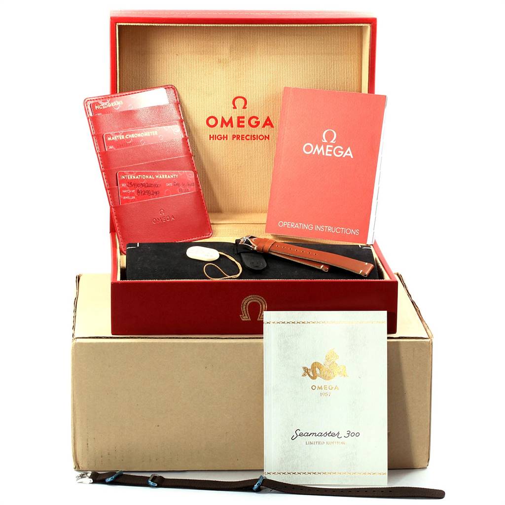 The image shows an Omega Seamaster 234.10.39.20.01.001 Men's Stainless Steel Black Dial 234.10.39.20.01.001 Men's Stainless Steel Black Dial watch set with operating instructions, warranty cards, a strap, and a presentation box.