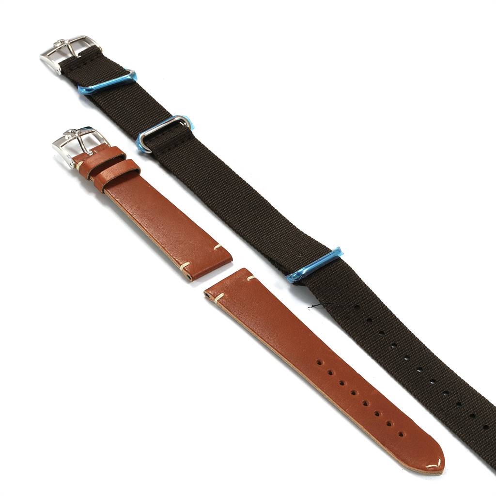 This image shows replacement straps for the Omega Seamaster 234.10.39.20.01.001 Men's Stainless Steel Black Dial 234.10.39.20.01.001 Men's Stainless Steel Black Dial model, including black nylon and brown leather options.
