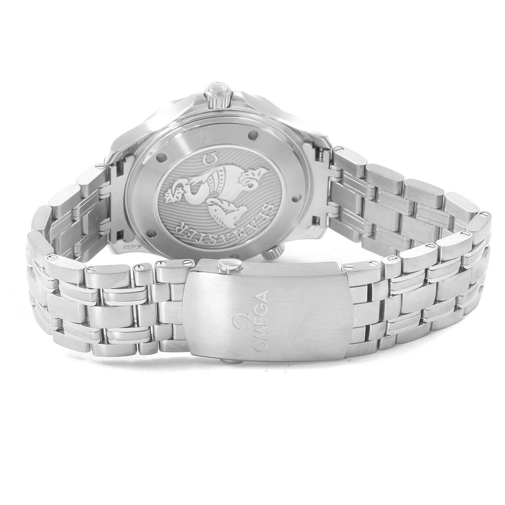 The image shows the backside of the Omega Seamaster 212.30.41.20.03.001 Men
s Stainless Steel Blue Dial 212.30.41.20.03.001 Men
s Stainless Steel Blue Dial watch, including its case back, clasp, and bracelet.