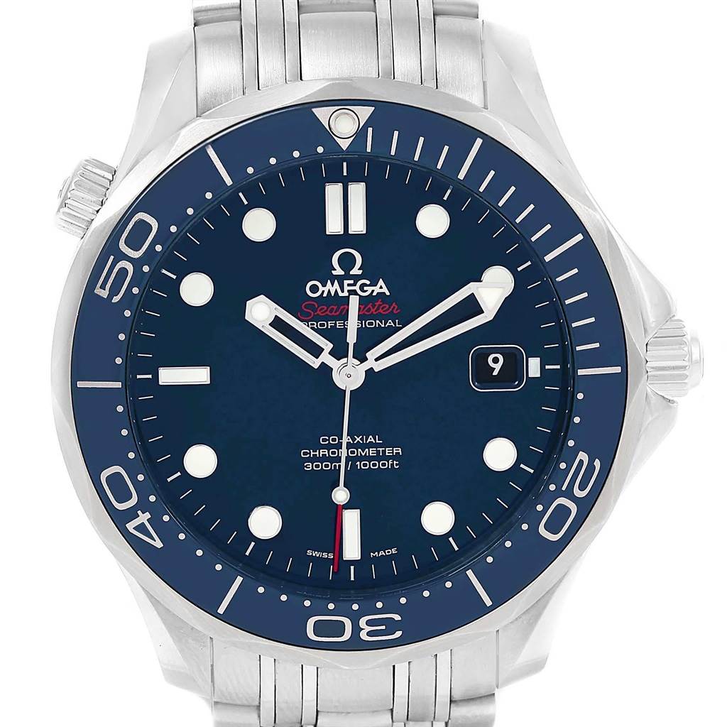 This is a front view of the Omega Seamaster 212.30.41.20.03.001 Men
s Stainless Steel Blue Dial 212.30.41.20.03.001 Men
s Stainless Steel Blue Dial watch, showing the bezel, dial, hands, date window, and part of the bracelet.