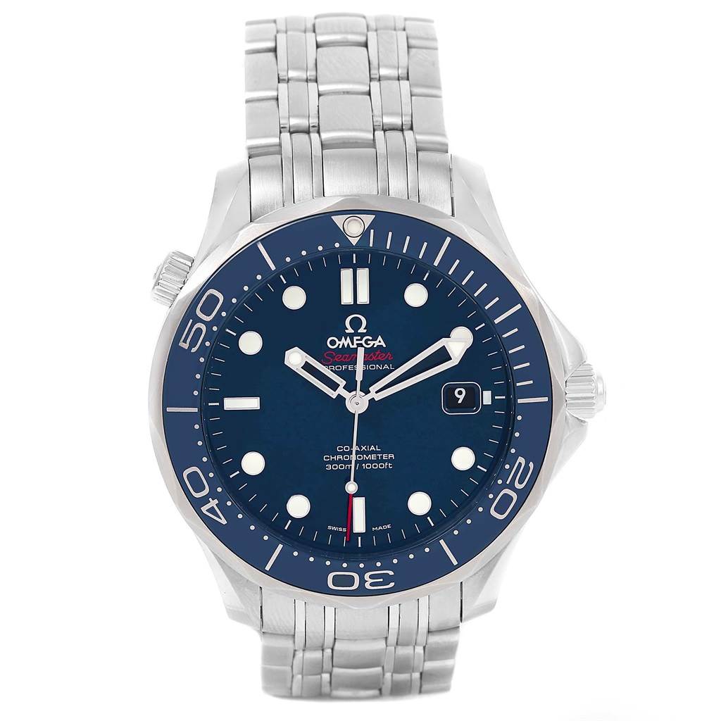 The image shows a front view of the Omega Seamaster 212.30.41.20.03.001 Men
s Stainless Steel Blue Dial 212.30.41.20.03.001 Men
s Stainless Steel Blue Dial watch, displaying its blue dial, metal bracelet, bezel, and crown.
