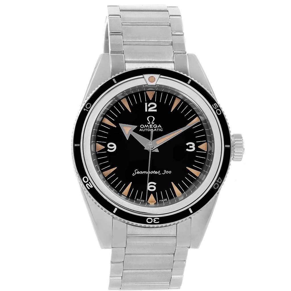 The image shows a front view of an Omega Seamaster 234.10.39.20.01.001 Men's Stainless Steel Black Dial 234.10.39.20.01.001 Men's Stainless Steel Black Dial 300 watch, displaying the face, bezel, and stainless steel bracelet.