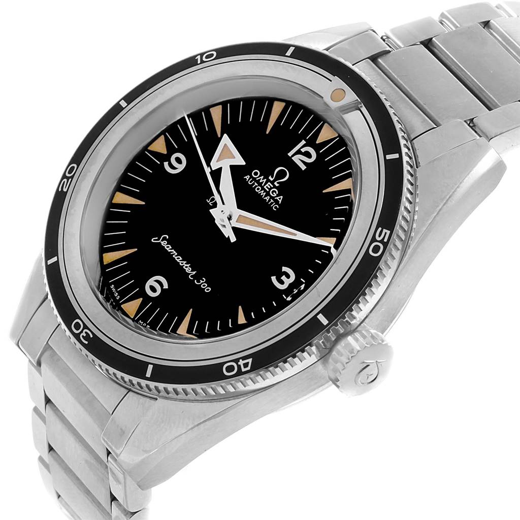 The image shows an angled close-up of an Omega Seamaster 234.10.39.20.01.001 Men's Stainless Steel Black Dial 234.10.39.20.01.001 Men's Stainless Steel Black Dial watch displaying the dial, bezel, and part of the bracelet.