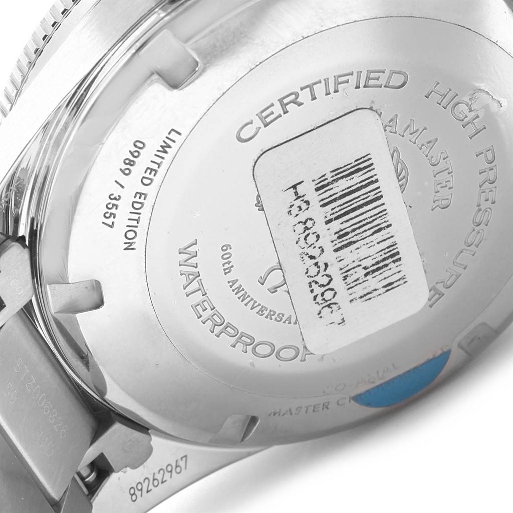 The image shows the back case of an Omega Seamaster 234.10.39.20.01.001 Men's Stainless Steel Black Dial 234.10.39.20.01.001 Men's Stainless Steel Black Dial watch, highlighting details like "Limited Edition" and "Waterproof".