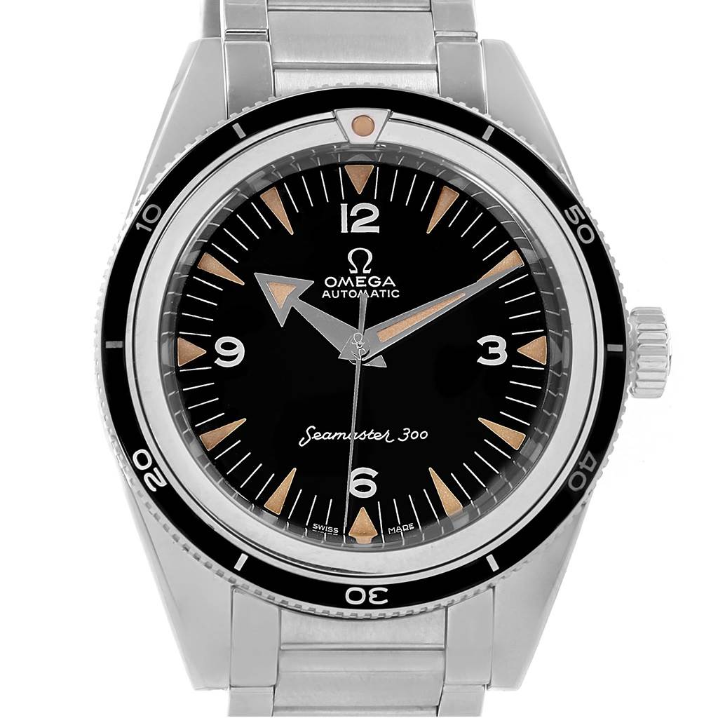 Front view of an Omega Seamaster 234.10.39.20.01.001 Men's Stainless Steel Black Dial 234.10.39.20.01.001 Men's Stainless Steel Black Dial watch showing the dial, bezel, crown, and part of the metal bracelet.