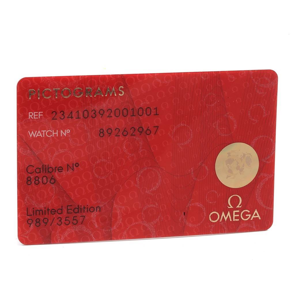 The image shows a red "PICTOGRAMS" card for the Omega Seamaster 234.10.39.20.01.001 Men's Stainless Steel Black Dial 234.10.39.20.01.001 Men's Stainless Steel Black Dial model watch.