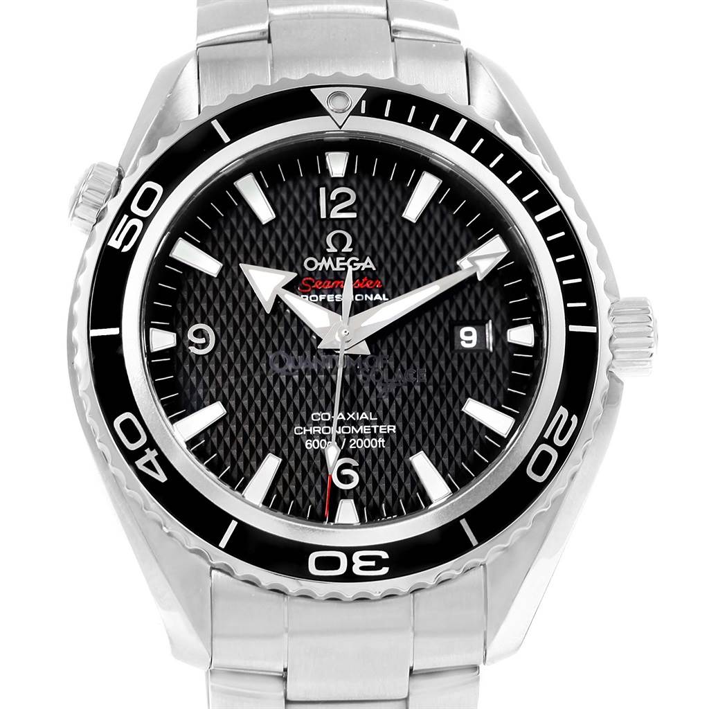 The image shows a frontal view of an Omega Seamaster 222.30.46.20.01.001 Men's Stainless Steel Black Dial 222.30.46.20.01.001 Men's Stainless Steel Black Dial watch, highlighting the face, bezel, and part of the stainless steel band.