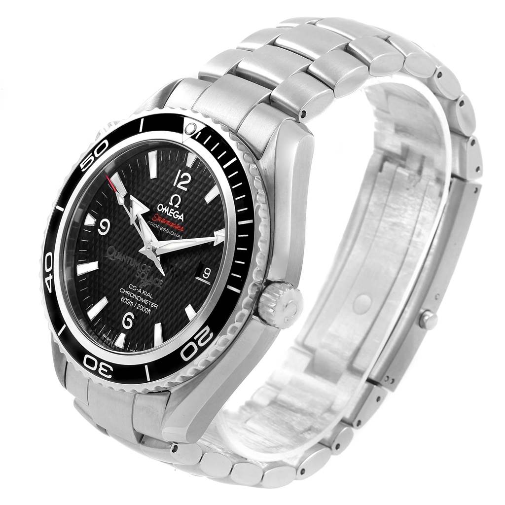This image shows an Omega Seamaster 222.30.46.20.01.001 Men's Stainless Steel Black Dial 222.30.46.20.01.001 Men's Stainless Steel Black Dial watch from a left-front angle, highlighting its face, bezel, and partially open metal bracelet.