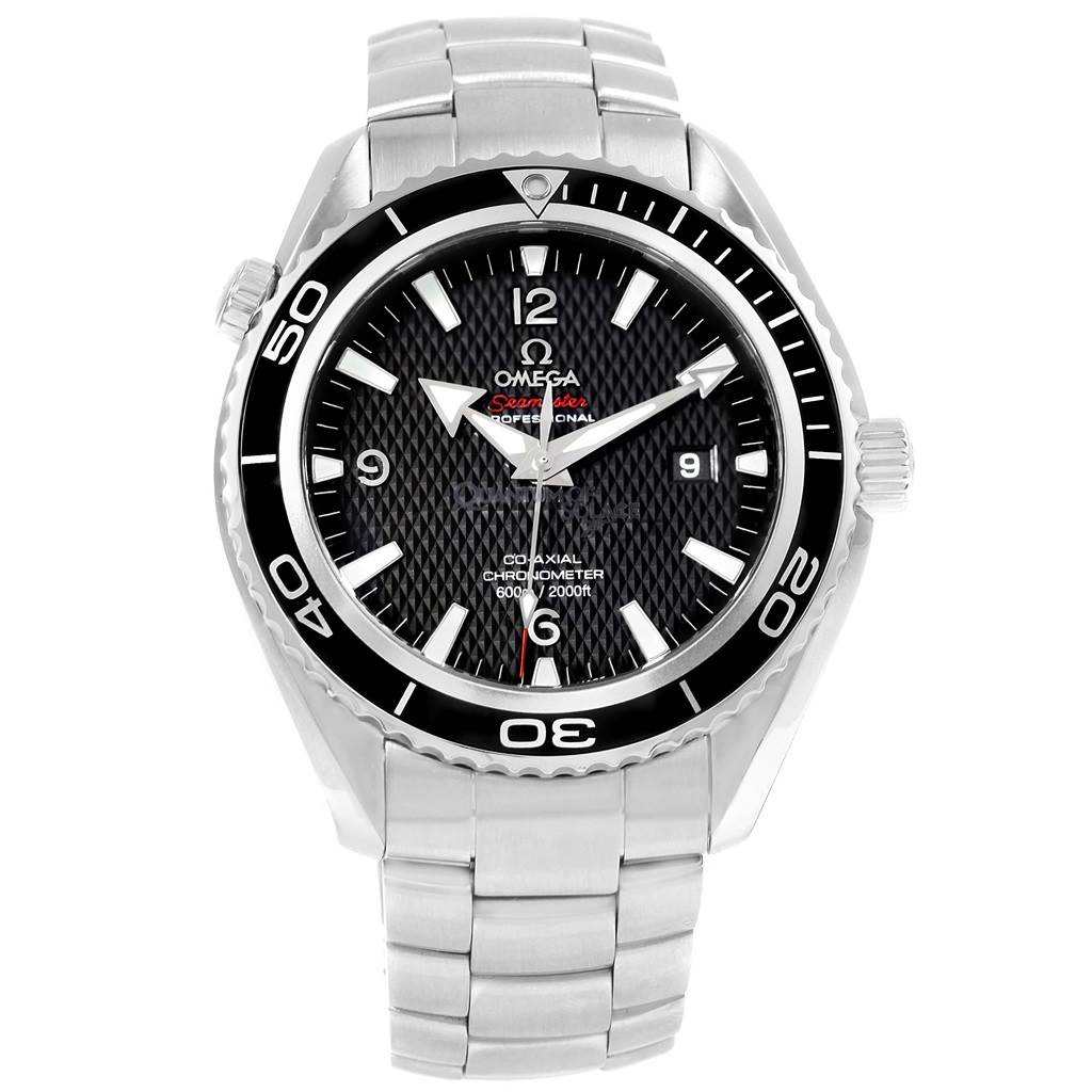 This image shows a front view of an Omega Seamaster 222.30.46.20.01.001 Men's Stainless Steel Black Dial 222.30.46.20.01.001 Men's Stainless Steel Black Dial watch, displaying its face, bezel, and metal bracelet.