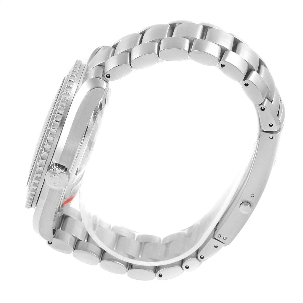 This image shows the side profile of the Omega Seamaster 222.30.46.20.01.001 Men's Stainless Steel Black Dial 222.30.46.20.01.001 Men's Stainless Steel Black Dial watch, highlighting its stainless steel bracelet, case, and crown.