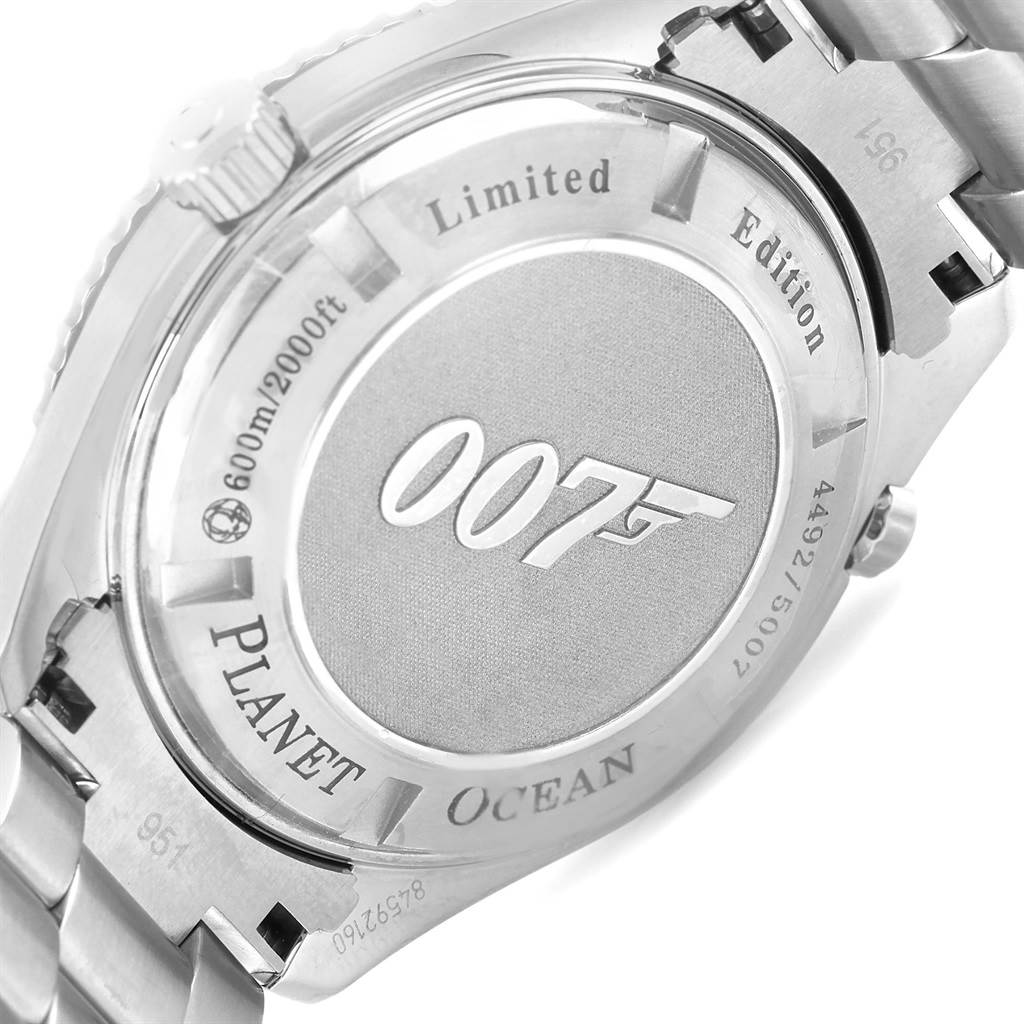 The image shows the case back of an Omega Seamaster 222.30.46.20.01.001 Men's Stainless Steel Black Dial 222.30.46.20.01.001 Men's Stainless Steel Black Dial watch, highlighting its limited edition 007 branding.