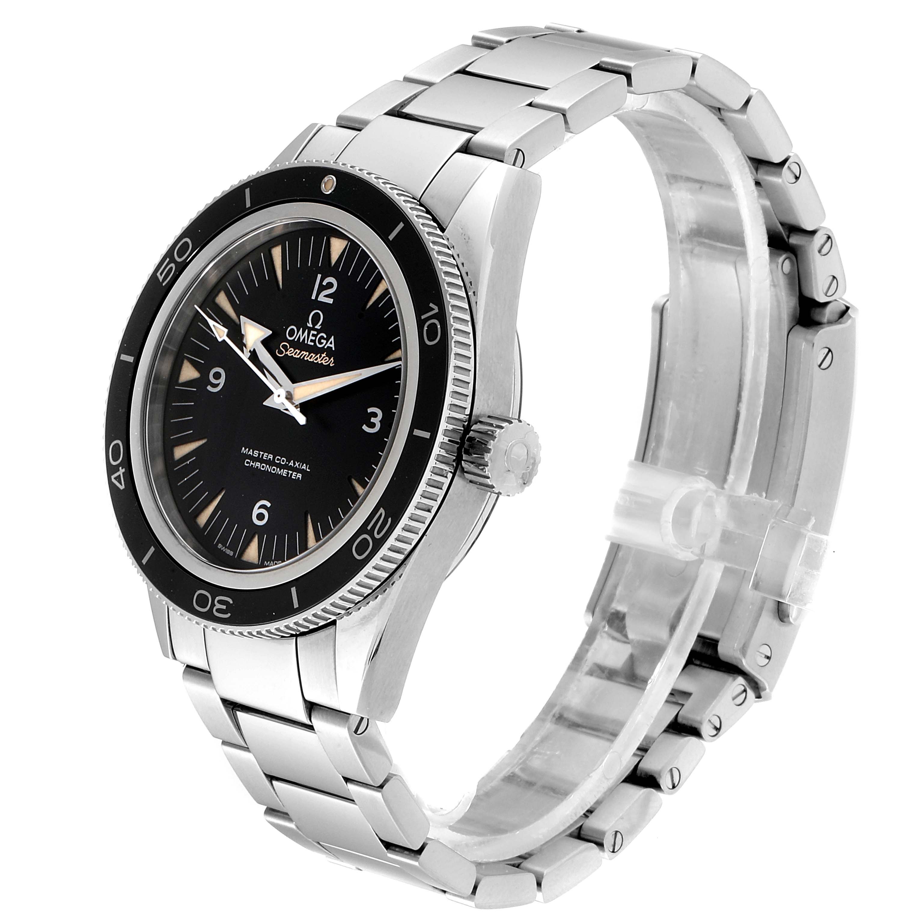 The Omega Seamaster 233.30.41.21.01.001 Men
s Stainless Steel Black Dial 233.30.41.21.01.001 Men
s Stainless Steel Black Dial watch is shown at a slight angle, displaying the face, bezel, crown, and metal bracelet.