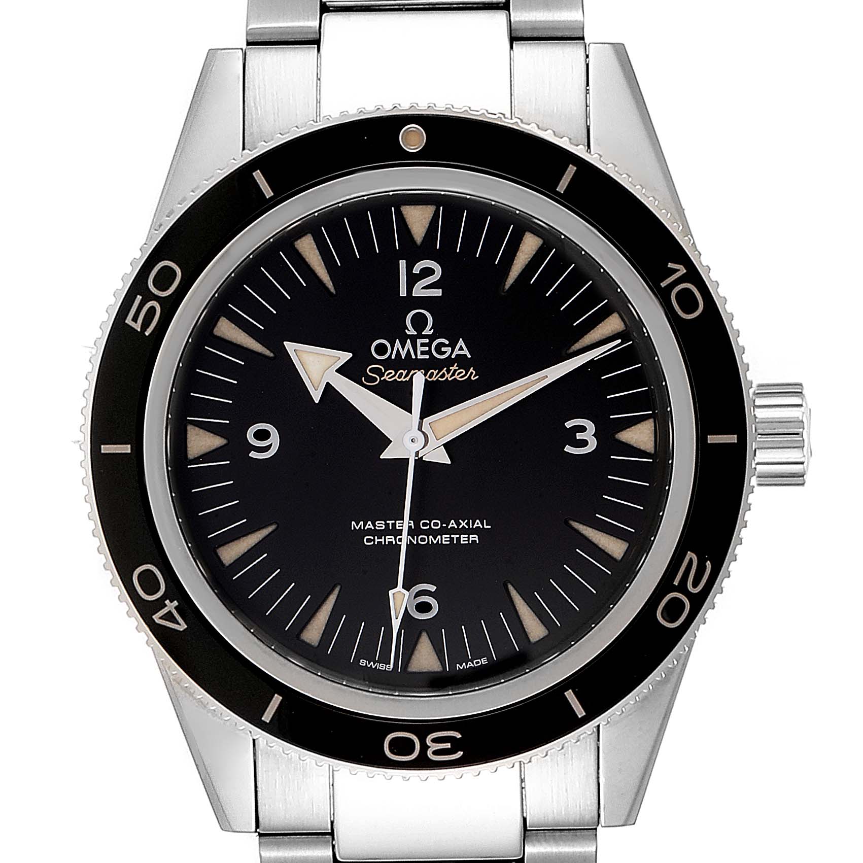 The image shows a front view of the Omega Seamaster 233.30.41.21.01.001 Men
s Stainless Steel Black Dial 233.30.41.21.01.001 Men
s Stainless Steel Black Dial watch, highlighting the dial, bezel, and part of the bracelet.