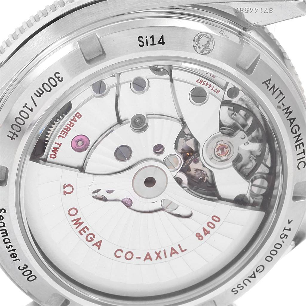 This image shows the back view of the Omega Seamaster 233.30.41.21.01.001 Men
s Stainless Steel Black Dial 233.30.41.21.01.001 Men
s Stainless Steel Black Dial 300 model, revealing the internal mechanics and co-axial movement mechanism.