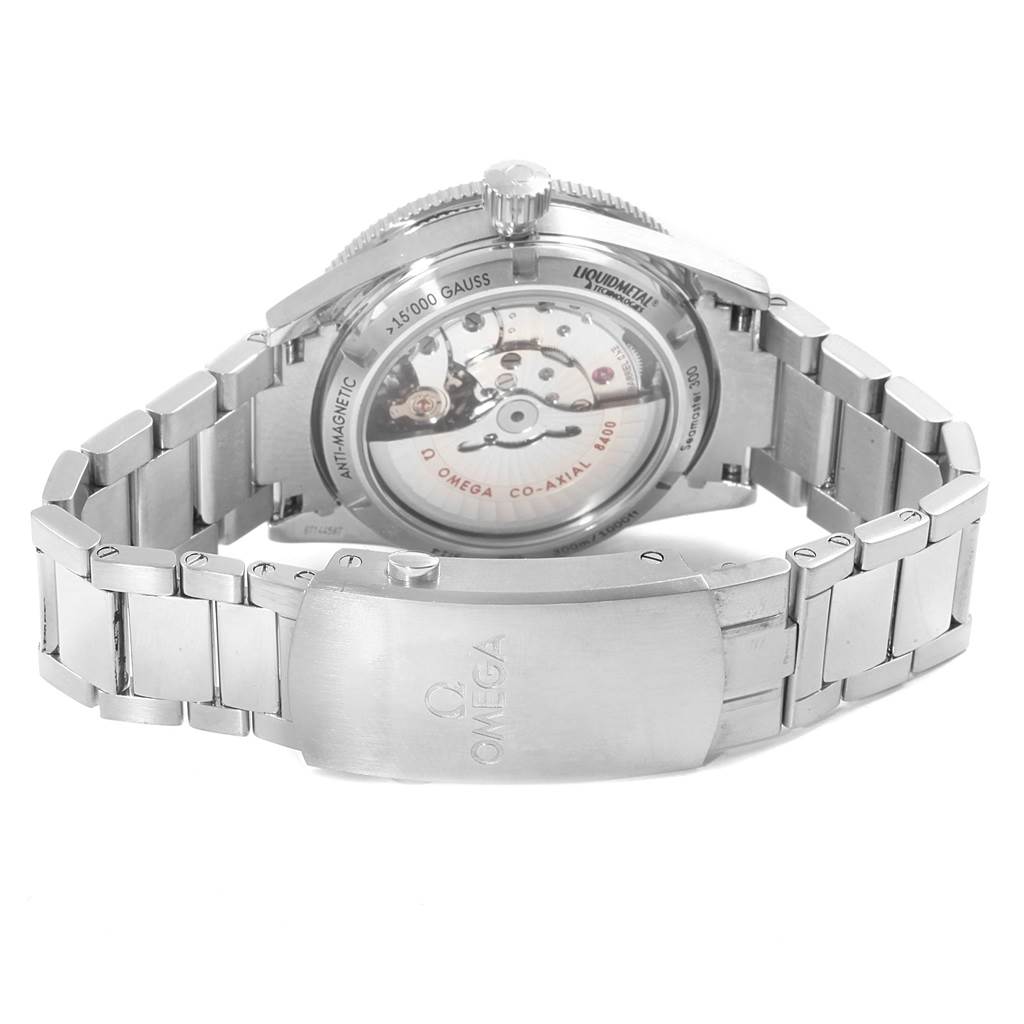 The Omega Seamaster 233.30.41.21.01.001 Men
s Stainless Steel Black Dial 233.30.41.21.01.001 Men
s Stainless Steel Black Dial watch is shown from the back, highlighting the movement, case back, and metal bracelet.